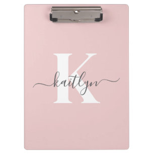 Elegant Blush Pink Grey Script Monogram Clipboard