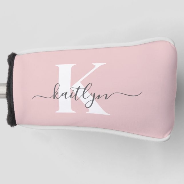 Elegant Blush Pink Grey Script Monogram Golf Head Cover (Front)