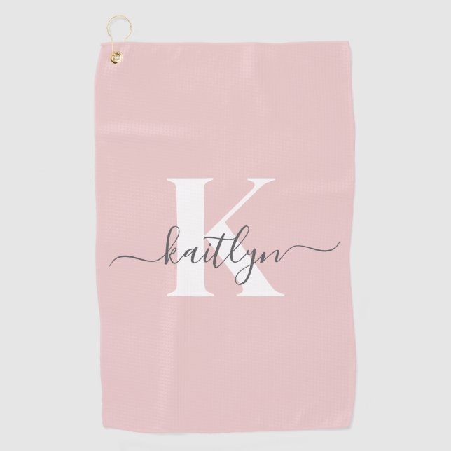 Elegant Blush Pink Grey Script Monogram Golf Towel (Front)