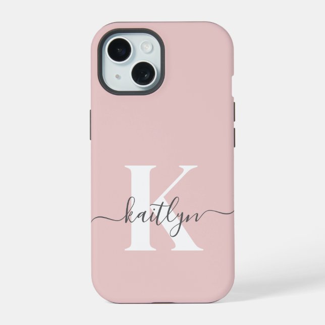 Elegant Blush Pink Grey Script Monogram iPhone 15 Case (Back)