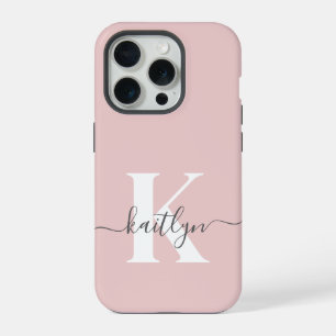 Elegant Blush Pink Grey Script Monogram iPhone 15 Pro Case