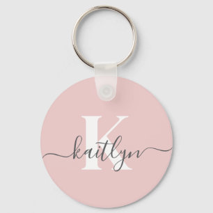 Elegant Blush Pink Grey Script Monogram Key Ring