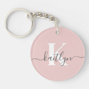 Elegant Blush Pink Grey Script Monogram Key Ring