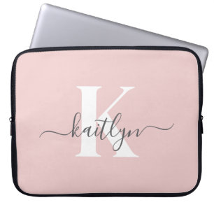 Elegant Blush Pink Grey Script Monogram Laptop Sleeve