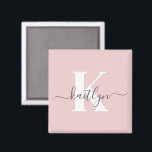 Elegant Blush Pink Grey Script Monogram Magnet<br><div class="desc">This simple, elegant blush pink 2" square magnet with your first name in a trendy script font in grey and your first initial in a modern cap font in white is perfect for you. It's stylish and trendy and yet very classic. It will look fabulous on your file cabinet, refrigerator,...</div>