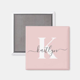 Elegant Blush Pink Grey Script Monogram Magnet