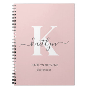 Elegant Blush Pink Grey Script Monogram Notebook