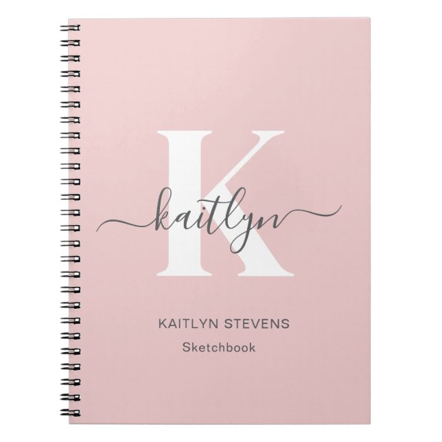 Elegant Blush Pink Grey Script Monogram Notebook (Front)