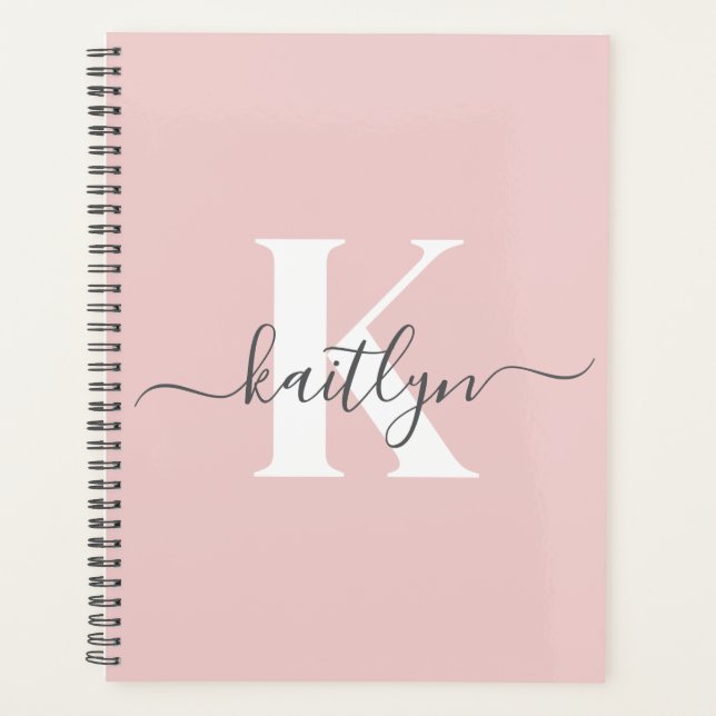 Elegant Blush Pink Grey Script Monogram Planner (Front)