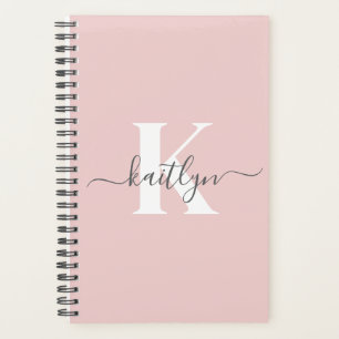 Elegant Blush Pink Grey Script Monogram Planner