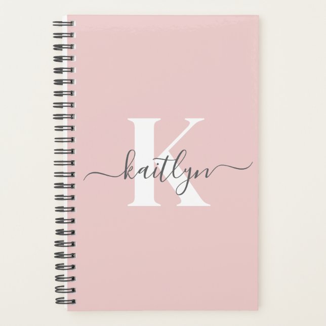 Elegant Blush Pink Grey Script Monogram Planner (Front)