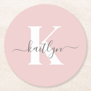 Elegant Blush Pink Grey Script Monogram Round Paper Coaster