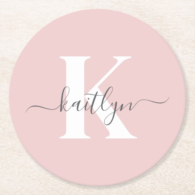 Elegant Blush Pink Grey Script Monogram Round Paper Coaster (Front)