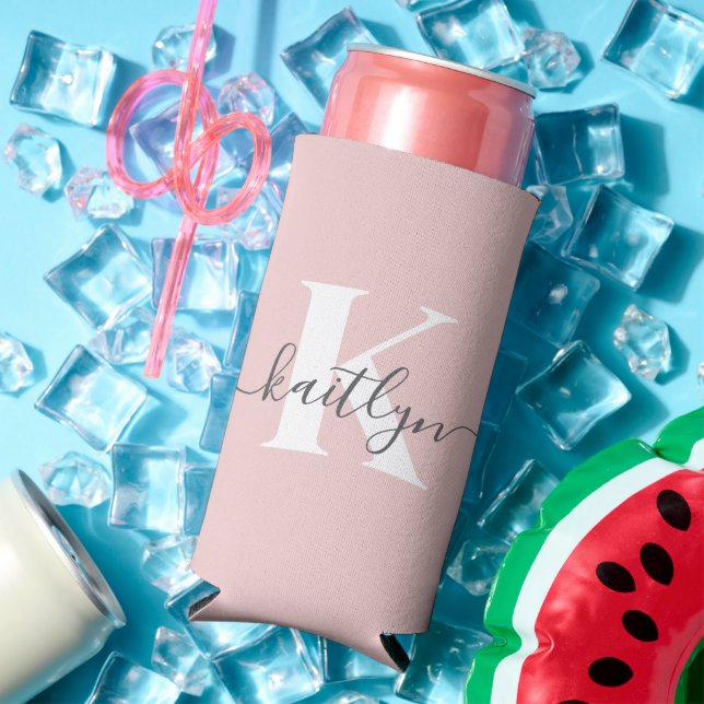 Elegant Blush Pink Grey Script Monogram Seltzer Can Cooler (In Situ Summer)