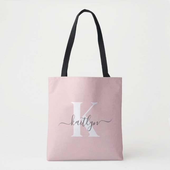 Elegant Blush Pink Grey Script Monogram Tote Bag (Front)