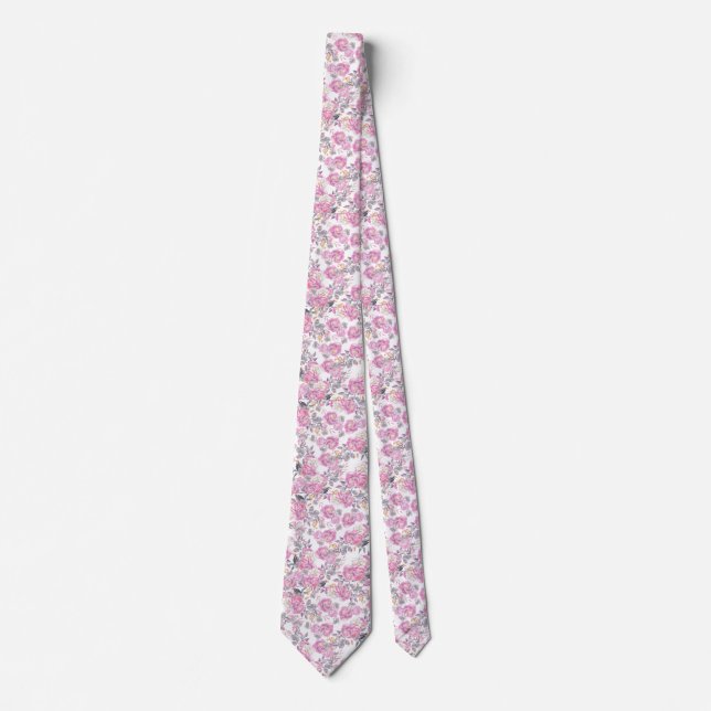 Elegant blush pink grey watercolor floral tie (Front)