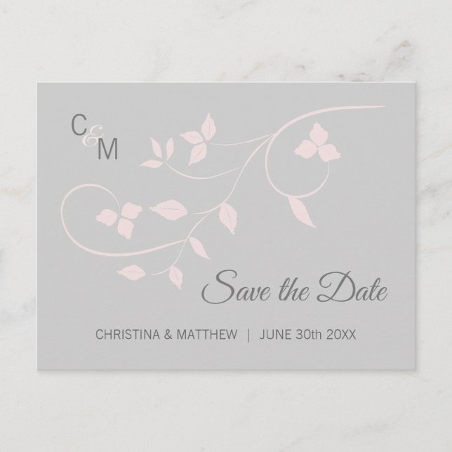 Elegant Blush Pink & Grey Wedding SAVE THE DATE Announcement Postcard (Front)