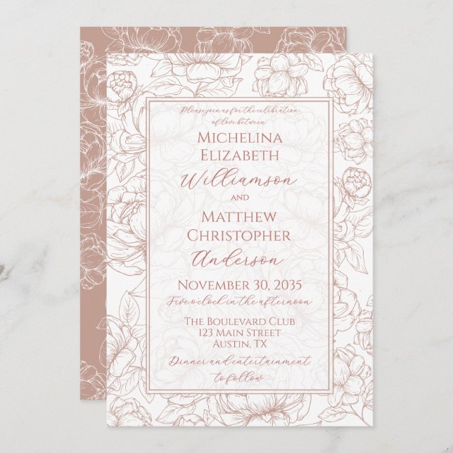 Elegant Blush Pink Hand-Drawn Floral Wedding  Invi Invitation (Front/Back)