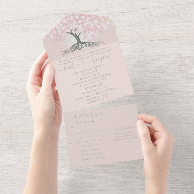 Elegant Blush Pink Heart Leaf Tree Wedding All In All In One Invitation (Tearaway)