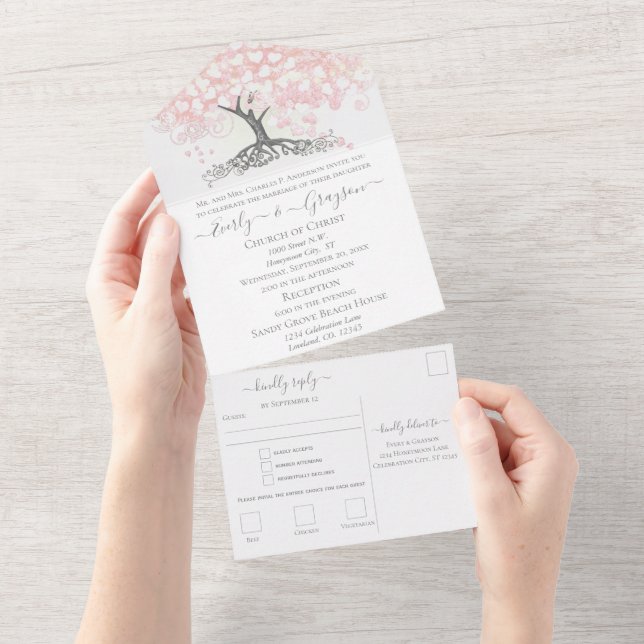 Elegant Blush Pink Heart Leaf Tree Wedding All In One Invitation (Tearaway)