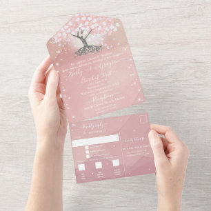 Elegant Blush Pink Heart Leaf Tree Wedding  All In One Invitation