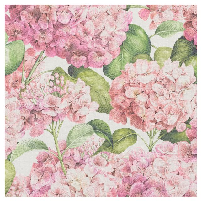 Elegant Blush Pink Hydrangea Floral Pattern Fabric (Close Up)