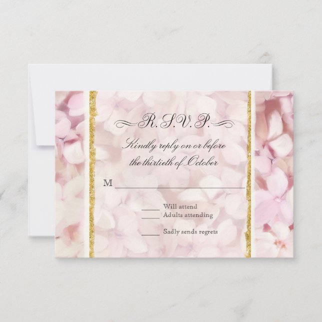 Elegant Blush Pink Hydrangea Modern Gold Glitter  RSVP Card (Front)