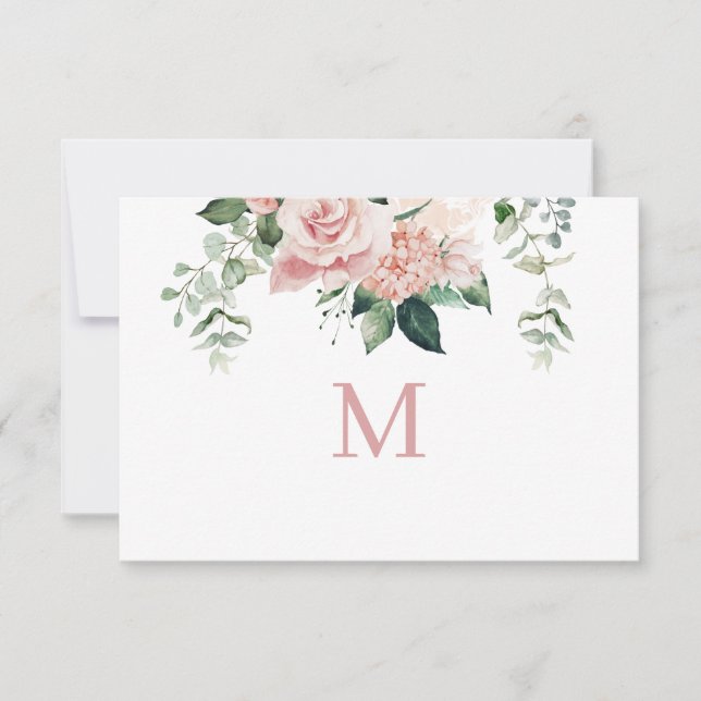 Elegant Blush Pink Hydrangea Monogram Note Card (Front)