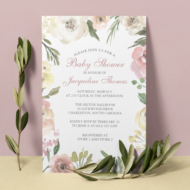 Elegant Blush Pink Ivory Floral Baby Girl Shower Invitation (Creator Uploaded)