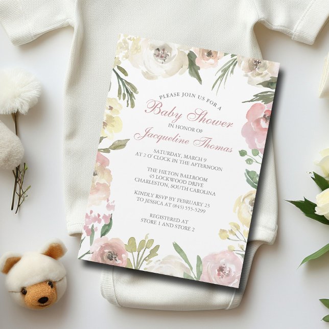 Elegant Blush Pink Ivory Floral Baby Girl Shower Magnetic Invitation (Creator Uploaded)