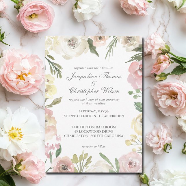 Elegant Blush Pink Ivory Floral Border Wedding Invitation (Creator Uploaded)