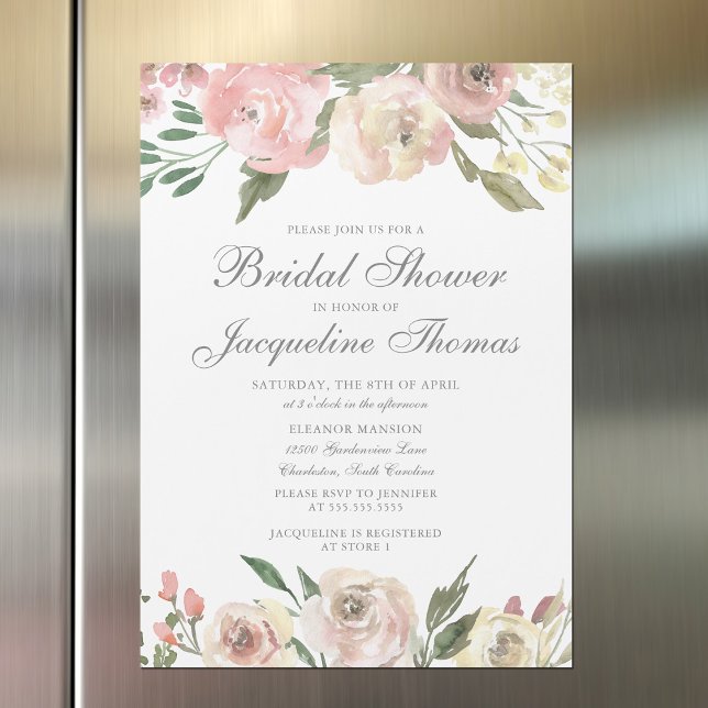 Elegant Blush Pink Ivory Floral Bridal Shower Magnetic Invitation (Creator Uploaded)