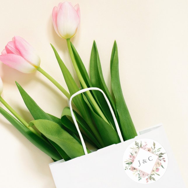 Elegant Blush Pink Ivory Floral Monogram Wedding Classic Round Sticker (Creator Uploaded)