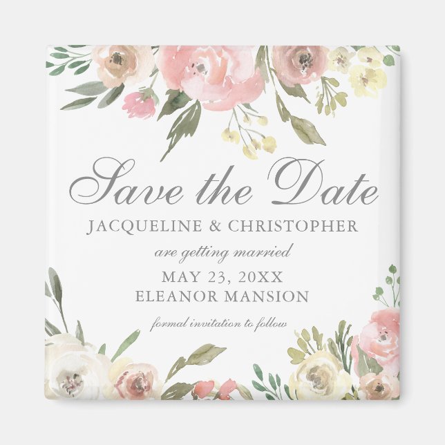 Elegant Blush Pink Ivory Floral Save the Date Magnet (Front)