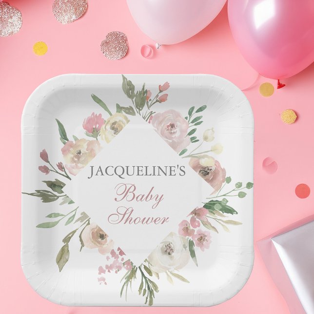 Elegant Blush Pink Ivory Floral Spring Baby Shower Paper Plate (Creator Uploaded)