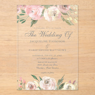 Elegant Blush Pink Ivory Floral Spring Wedding Acrylic Invitations