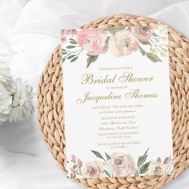 Elegant Blush Pink Ivory Gold Floral Bridal Shower Invitation (Creator Uploaded)