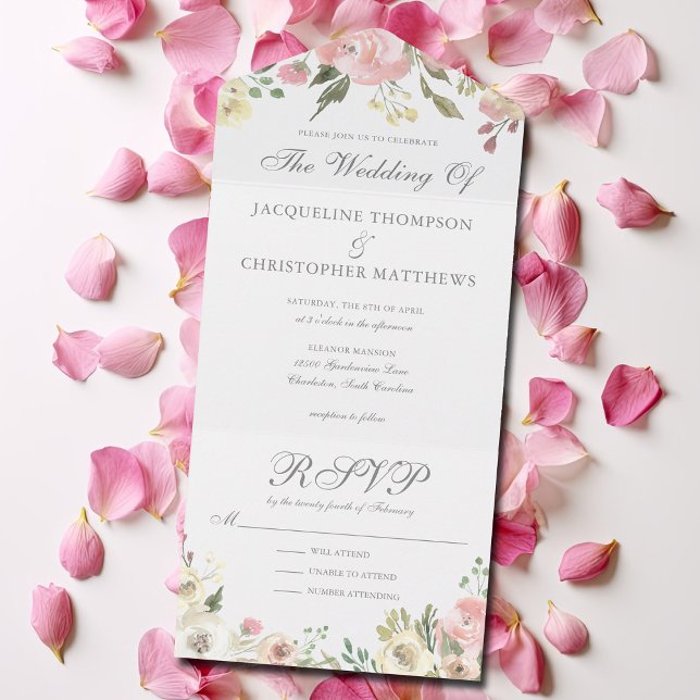 Elegant Blush Pink Ivory Peony Floral Wedding All In One Invitation (Creator Uploaded)