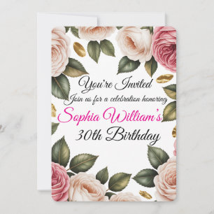 Elegant Blush Pink & Ivory Rose Birthday Invite