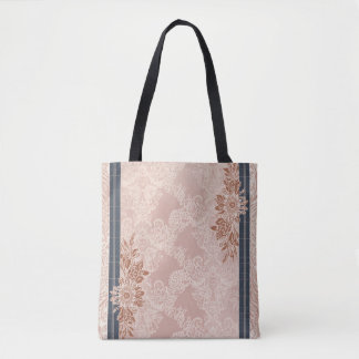Elegant Blush Pink Lace Rose Gold Floral Navy Tote Bag
