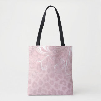 Elegant Blush Pink Leopard & Silver Damask Swirl Tote Bag