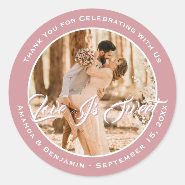 Elegant Blush Pink Love Is Sweet Wedding Photo Classic Round Sticker (Front)
