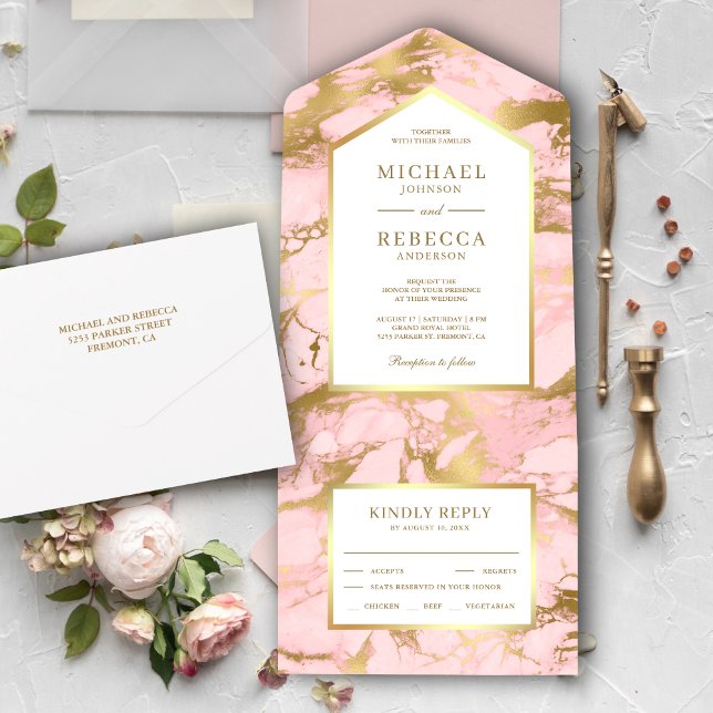Elegant Blush Pink Marble Faux Gold Foil Wedding All In One Invitation (Creator Uploaded)