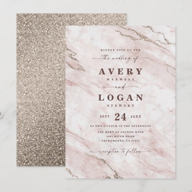 Elegant Blush Pink Marble & Glitter Wedding Invitation (Front/Back)