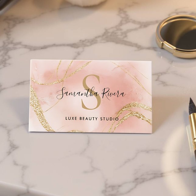Elegant Blush Pink Marble Monogram Template Business Card (Pink Marble Business Card - Front)