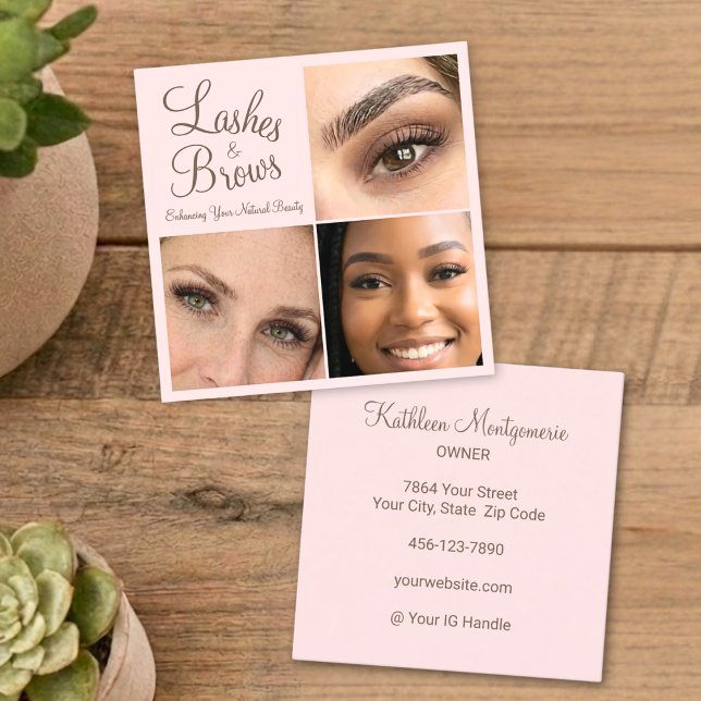 Elegant Blush Pink Mocha Script 3 Photo Lashes Square Business Card (Creator Uploaded)