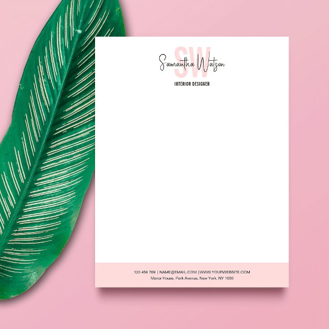 Elegant Blush Pink Modern Business Logo Monogram Custom Letterhead (Stand out and impress with this blush pink and white business monogram letterhead design)