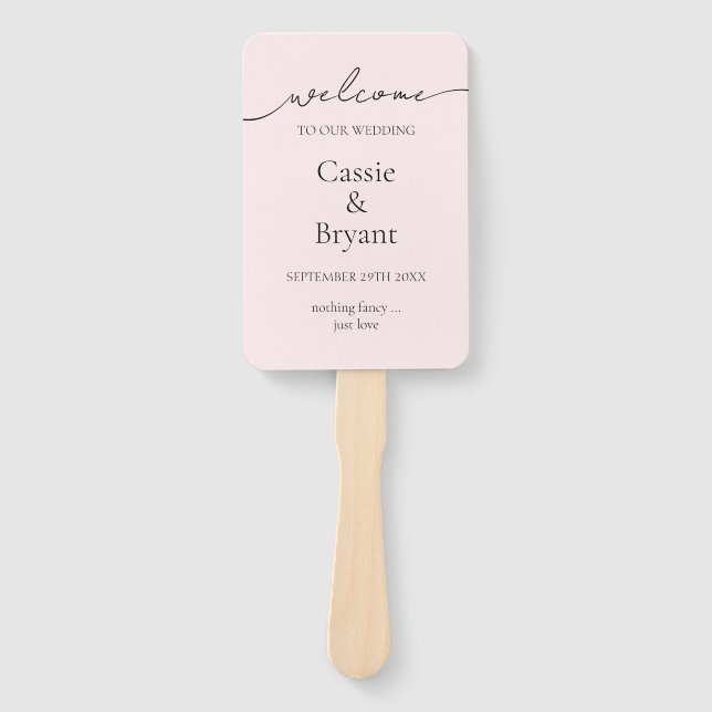 Elegant Blush Pink Modern Script Wedding Program Hand Fan (Front)