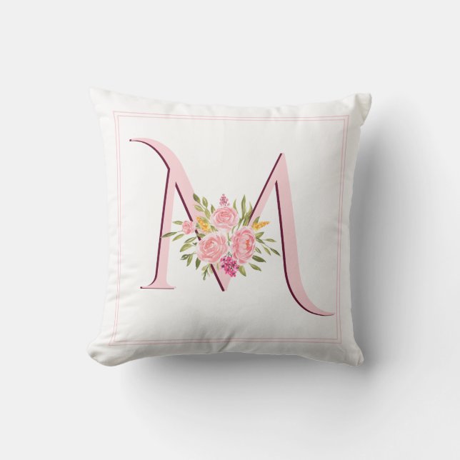 Elegant blush pink monogram and roses floral cushion (Front)