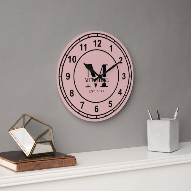 Elegant Blush Pink Monogram Custom Family Name Large Clock (Office)